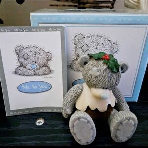 Christmas pud grey Teddy flocked figurine in original box in EUC